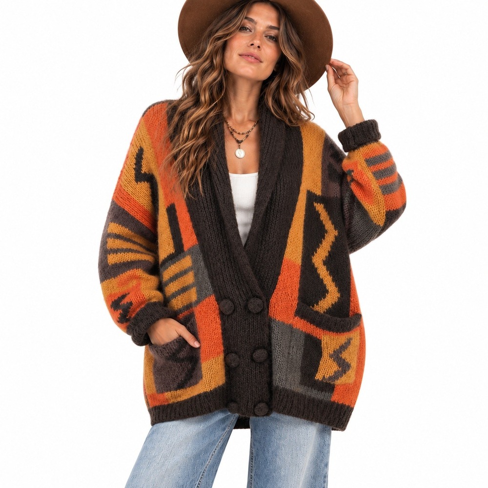 Vintage 80s Rosanna Mohair Cardigan M Hand Knit Southwestern Geometric Oversized